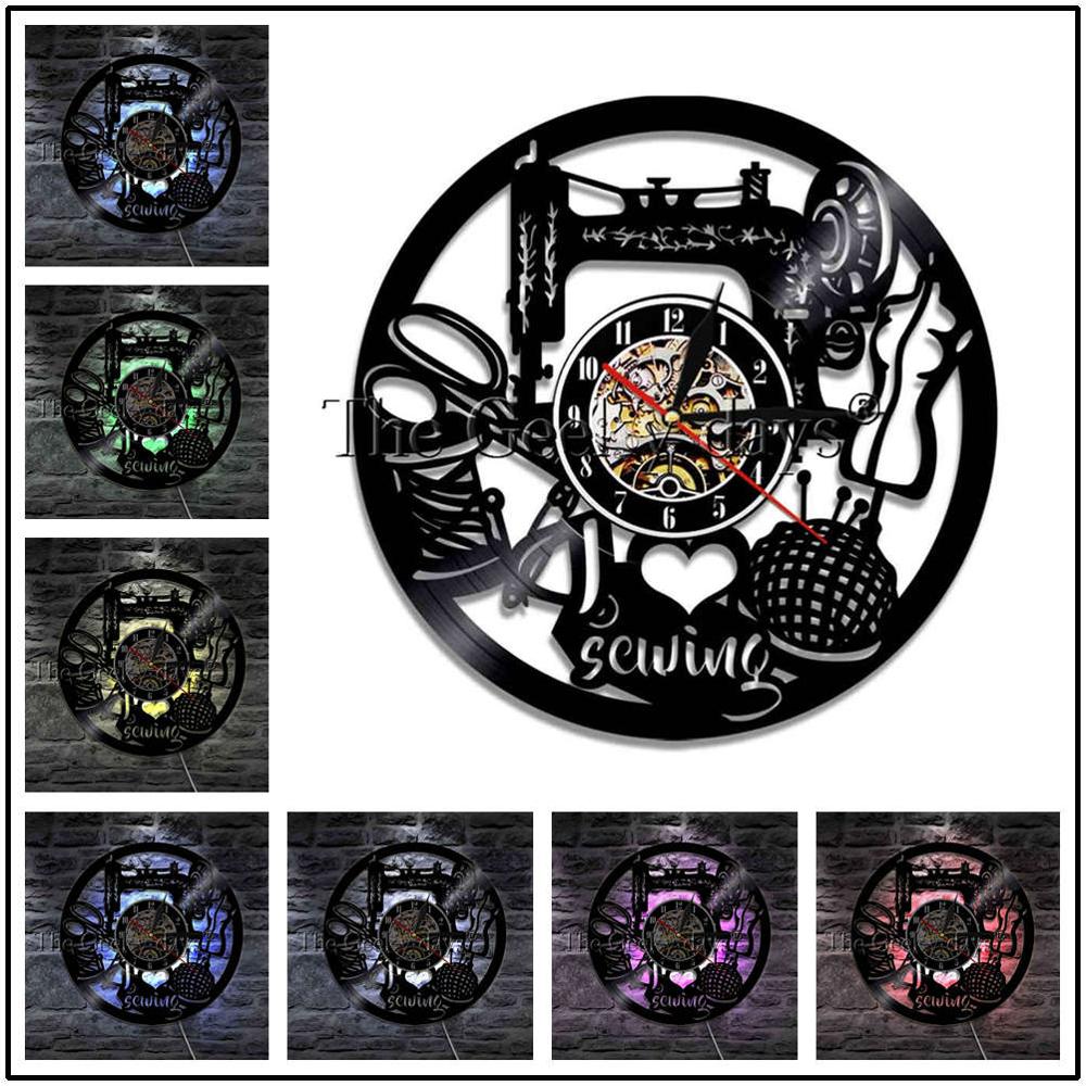 J'aime coudre vinyle Record horloge murale reloj de pared Vintage Quilting Machine à coudre horloge montre couturière femmes mère: Red / 12 Inch Without LED