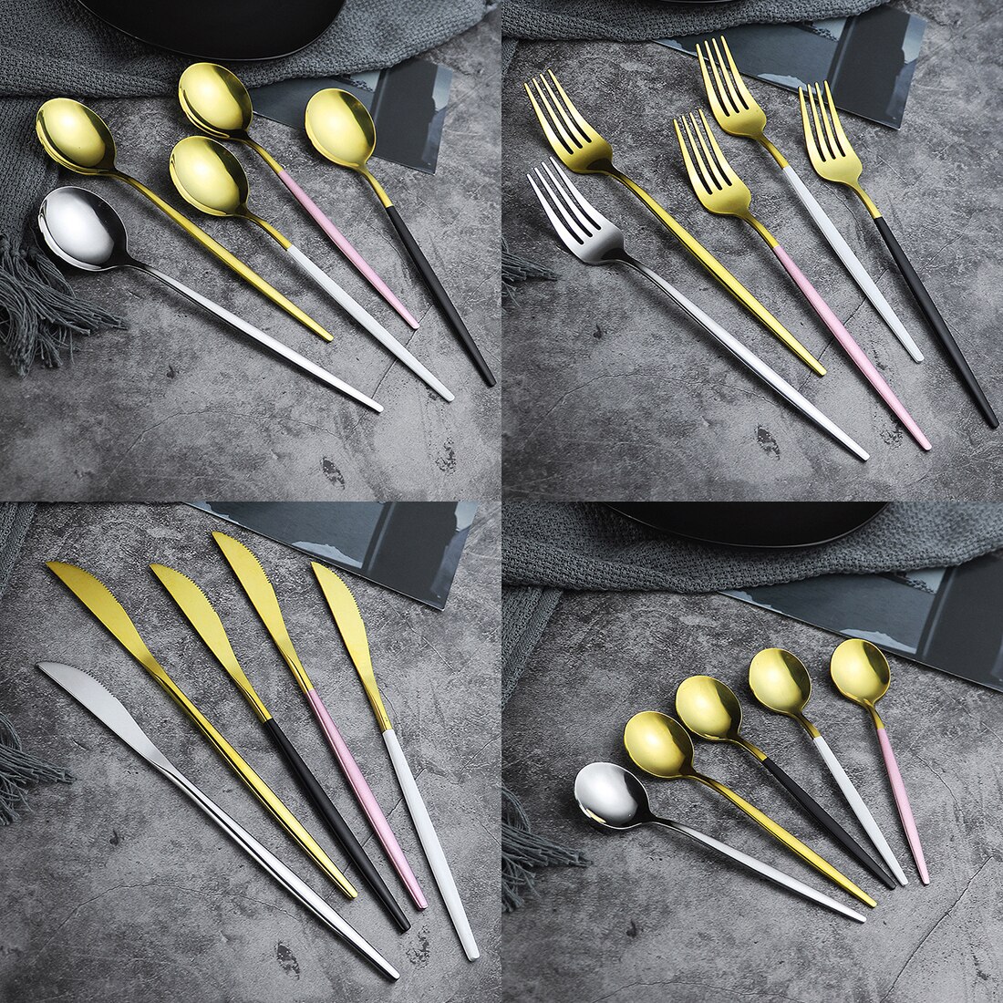 24Pcs Platinum Gold Kitchen Tableware Set Cutlery Set Stainless Steel Dinnerware Set Gold Knife Fork Spoon Dinner Set Dishwashe