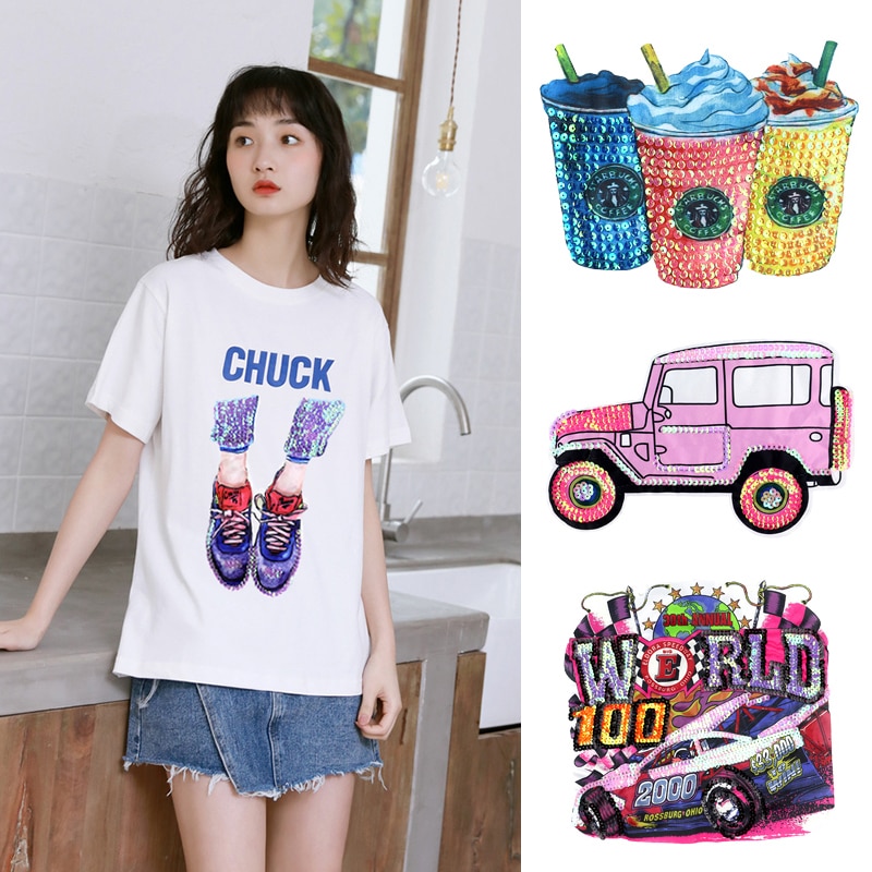 Grote Borduurwerk Auto Sequin Doek Stickers Kleding Patch Jas T-shirt Gat Stickers Cartoon Decoratieve Stickers E-02