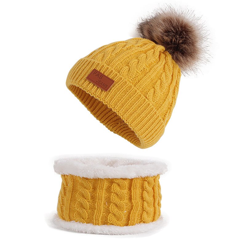 Jul piger søde vinter hat + tørklæde 2 stk sæt nyfødt tørklæde til drenge piger spædbarn bomuld strikket varme uld hatte: Gul