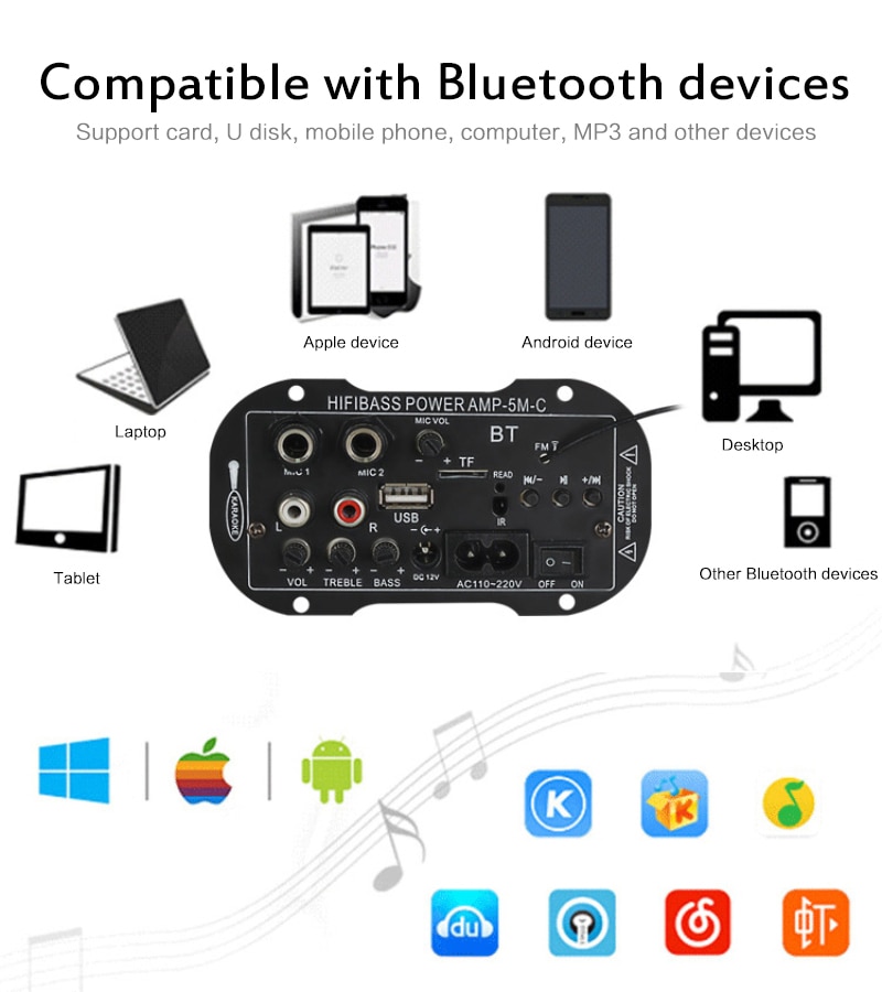 Bluetooth-funktion,  mp3- player, 5- zoll-display, 12v 220v in-1-wechselfunktion , 4110b-369 dual-mikrofone mit bluetooth-auto-digitalverstärker, mono-audio & video