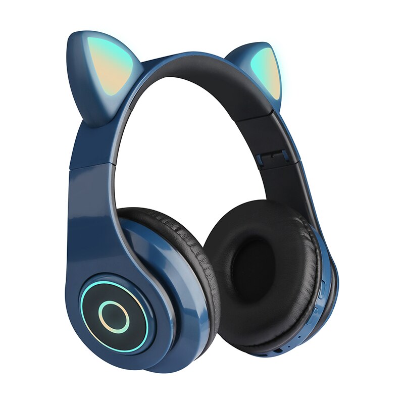 Wireless headphones children MP3 player with LED colorful breathing lights cat ears with microphone Bluetooth headset: Navy Blue