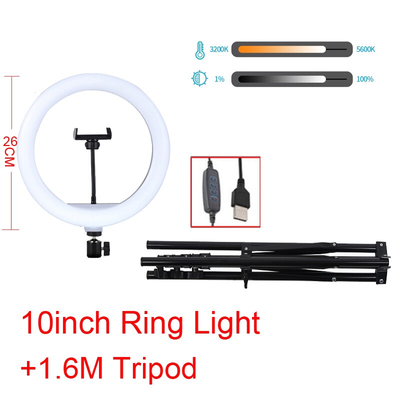Led Ring Licht 10Inch 26Cm Foto Studio Verlichting Dimbare Selfie Ring Lamp Met Mobiele Houder Ondersteuning Tripod Stand voor Live: 10inch