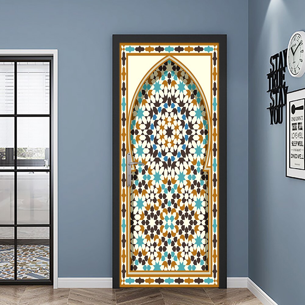 Muslim Style Floral Door Sticker Home Decoration DIY Wall Stickers Bedroom Kitchen Art Wallpaper Peel &amp; Stick Vinyl Wall Decals