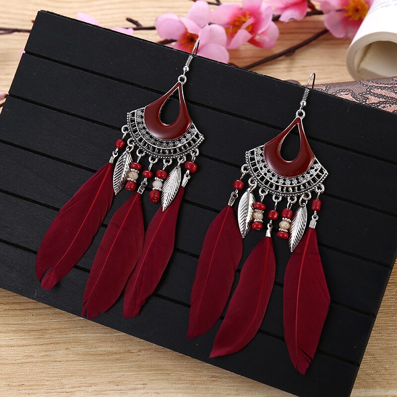 2020 artystyczny z piórkiem Kolczyki Tassel Ohrringe srebrny kolorowy ze stopu Vintage kreatywne Kolczyki Boho Indian biżuteria Kolczyki