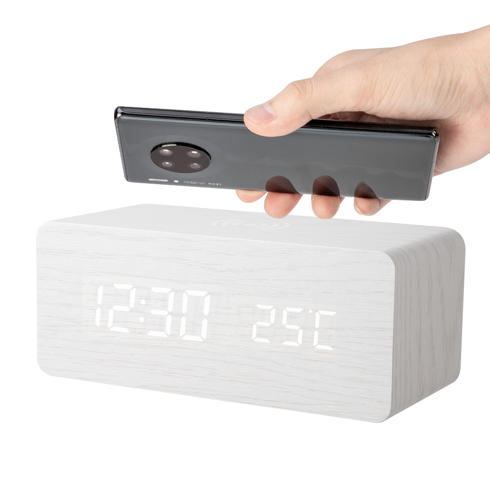 Wooden Alarm Clock With Qi Wireless Charging Pad Compatible With For Iphone Samsung Wood Led Digital Clock Sound Control Funct