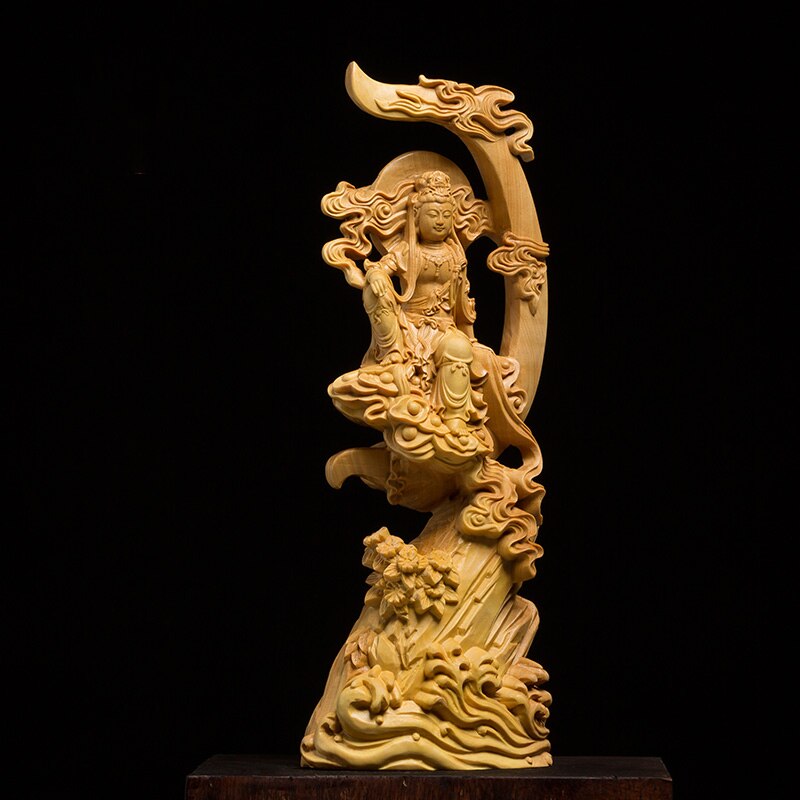 Holz geschnitzt sonne und mond Guanyin Statue Moderne kunst skulptur Chinesischen Guanyin Bodhisattva Hause wohnzimmer dekoration Statue