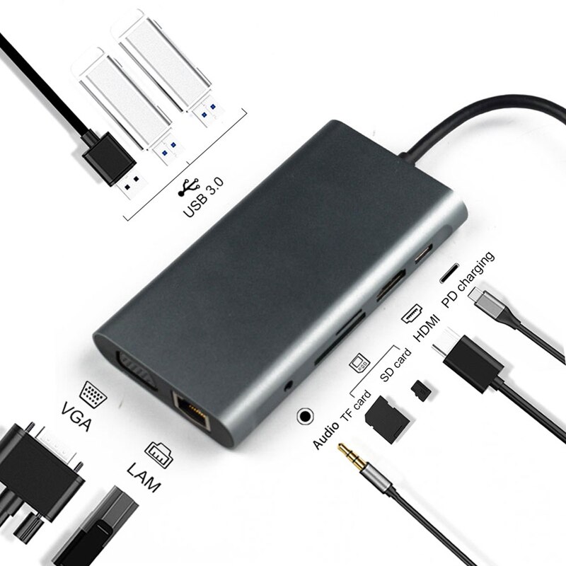 10 in 1 USB C HUB, Multi-Function Docking Station, USB C Hub PD Fast Charging, for PC, Laptop, TV, Etc.