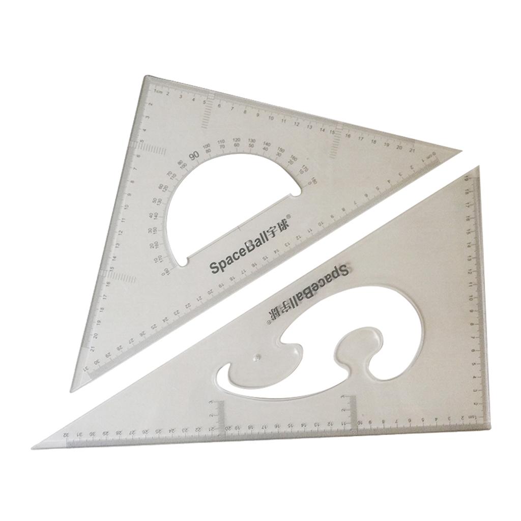 Pack of 2 45/60/90 Degree Triangle Rulers Plastic Transparent