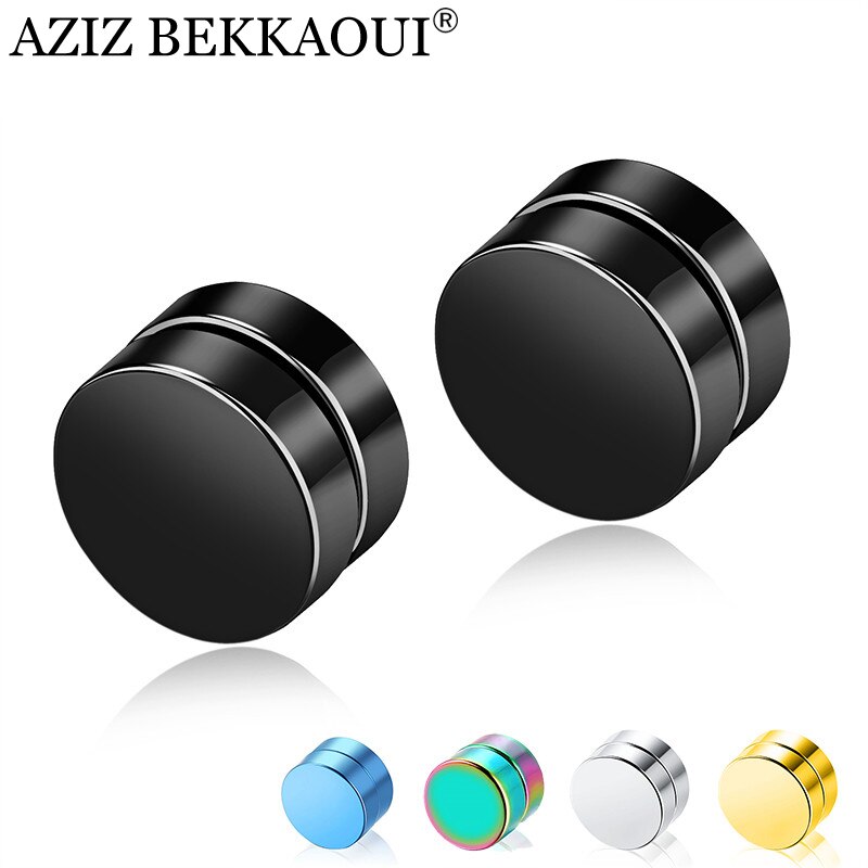 AZIZ BEKKAOUI Magnetic Stud Earrings Men Earring Stainless Steel Jewelry Round Male Magnet Multicolor Earrings