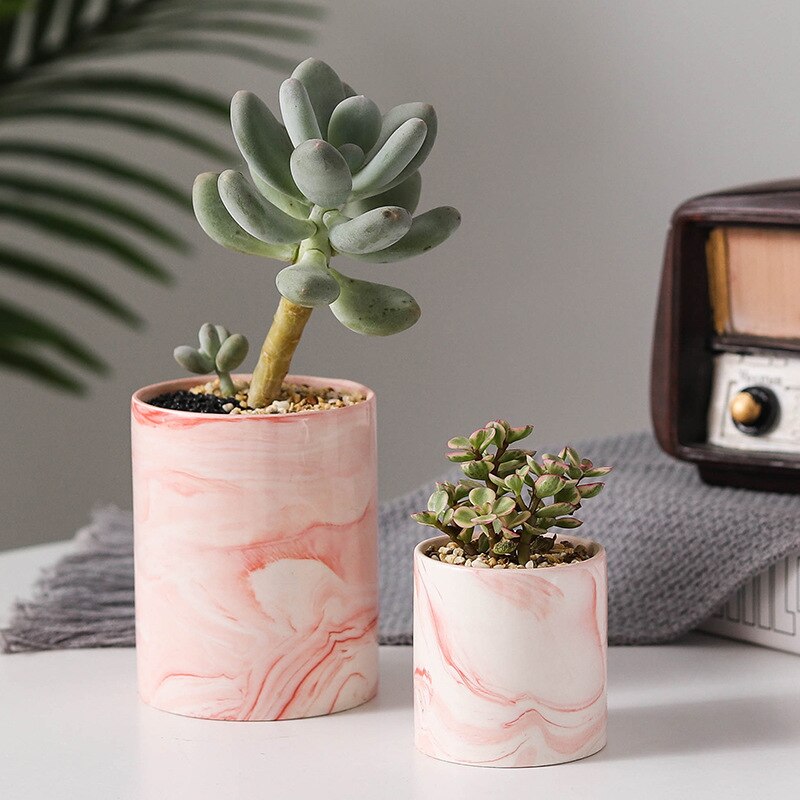Nordic Style Ceramic Round Plant Pots Pink Marble Pattern Succulent Flowerpot with Hole Small Home Office Desktop Decor
