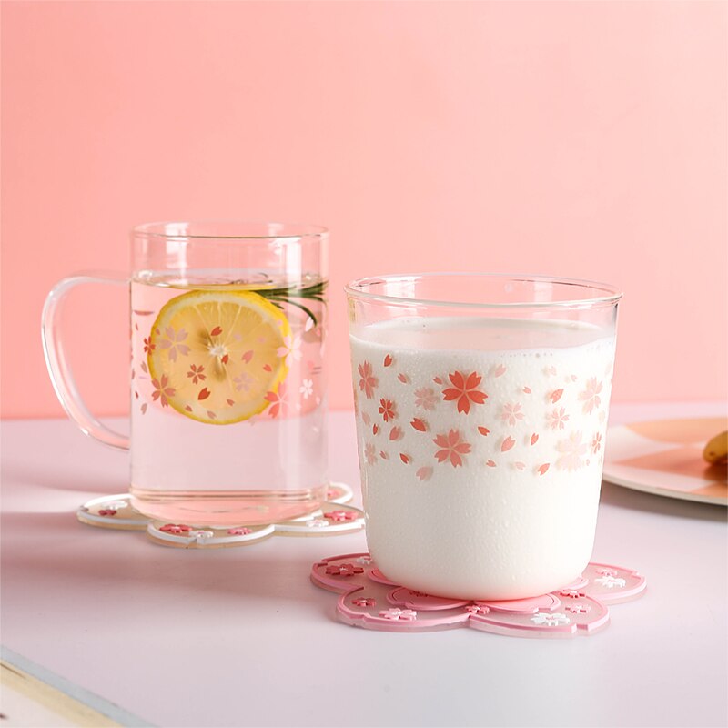 Tasse transparente à fleurs de cerisier, rose, café au lait, verre Sakura résistant à la chaleur, sous-verre Kawaii