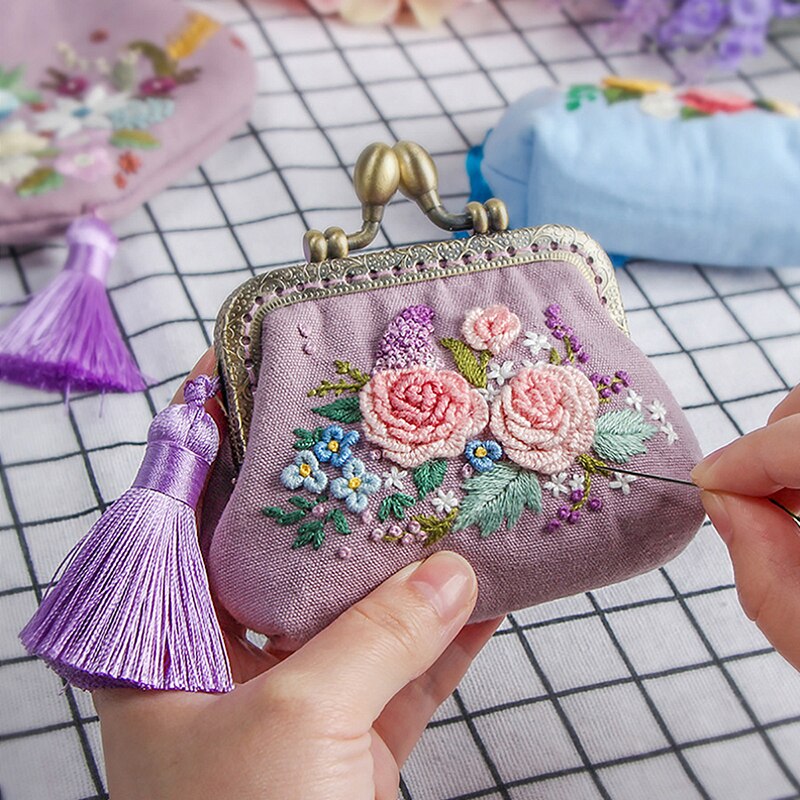 Billetera con bordado de flores de cinta para principiantes, Kits de costura, Serie de punto de cruz, manualidades, Kit de materiales de monedero DIY