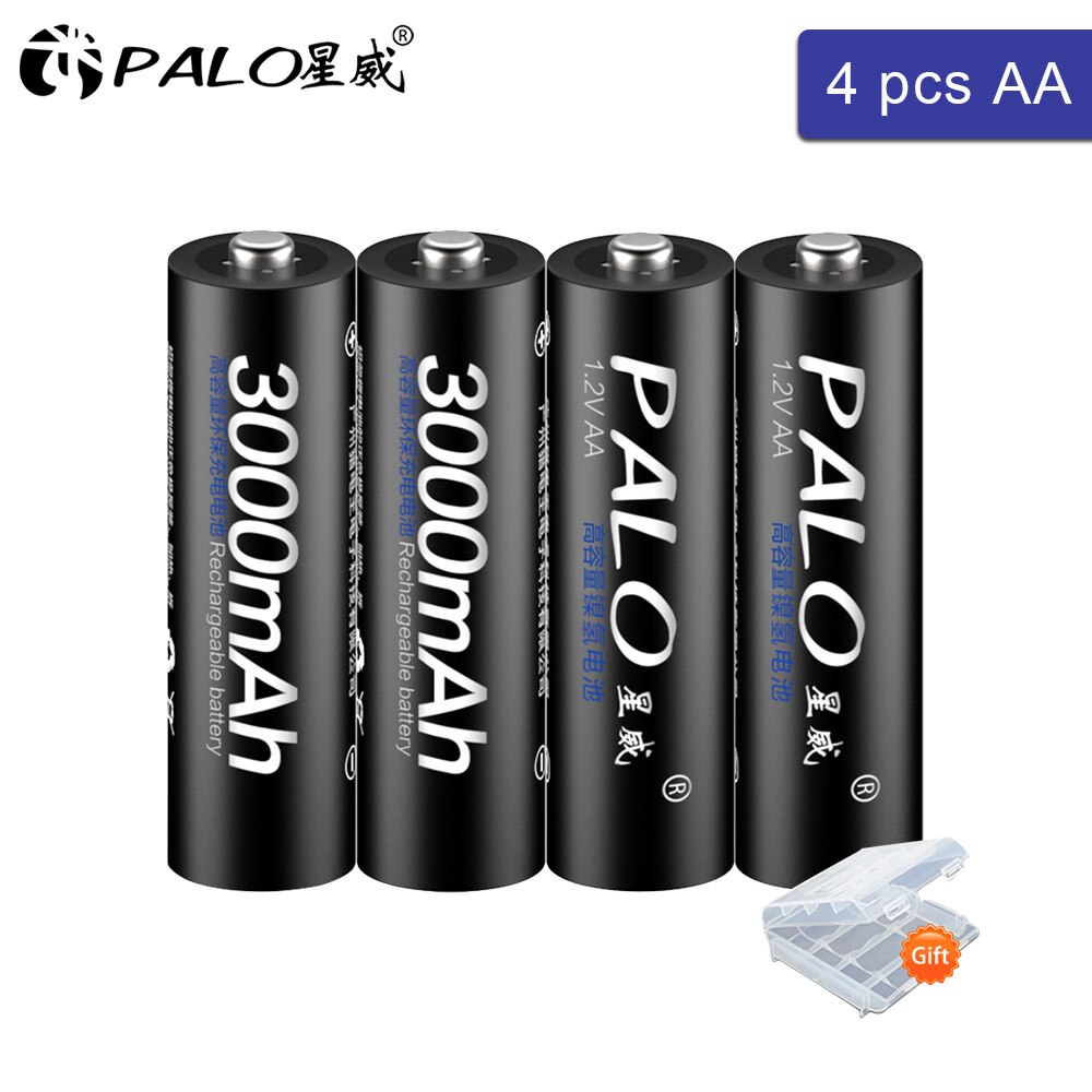 PALO 4/8/12/16pcs AA Battery Ni-MH 3000mAh 1.2V AA Rechargeable Batteries AA Bateria Baterias + 2pcs Battery Hold Case Boxes: 4pcs AA black