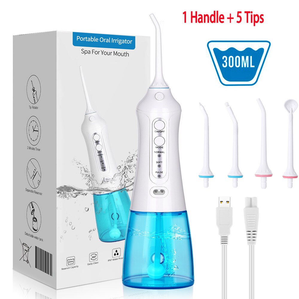 Oral irrigator bærbar vann tanntråd usb oppladbar vanntråd tannrenser 5 moduser ipx 7 vanntett: 1 håndtak med 5 spisser