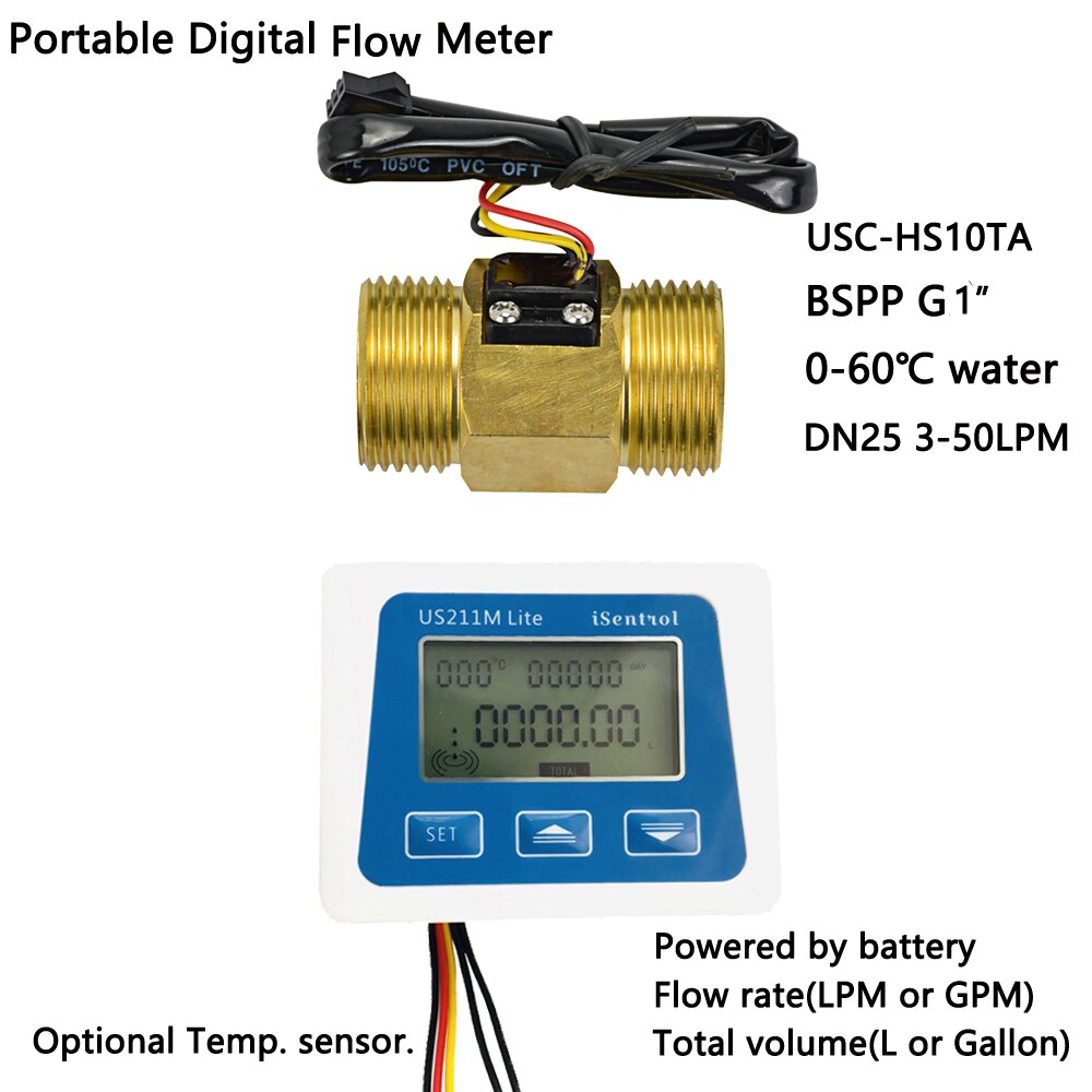 US211M Lite Digital Flow Meter Reader Display With USC-HS10TA Water Flow Sensor: Whole Set