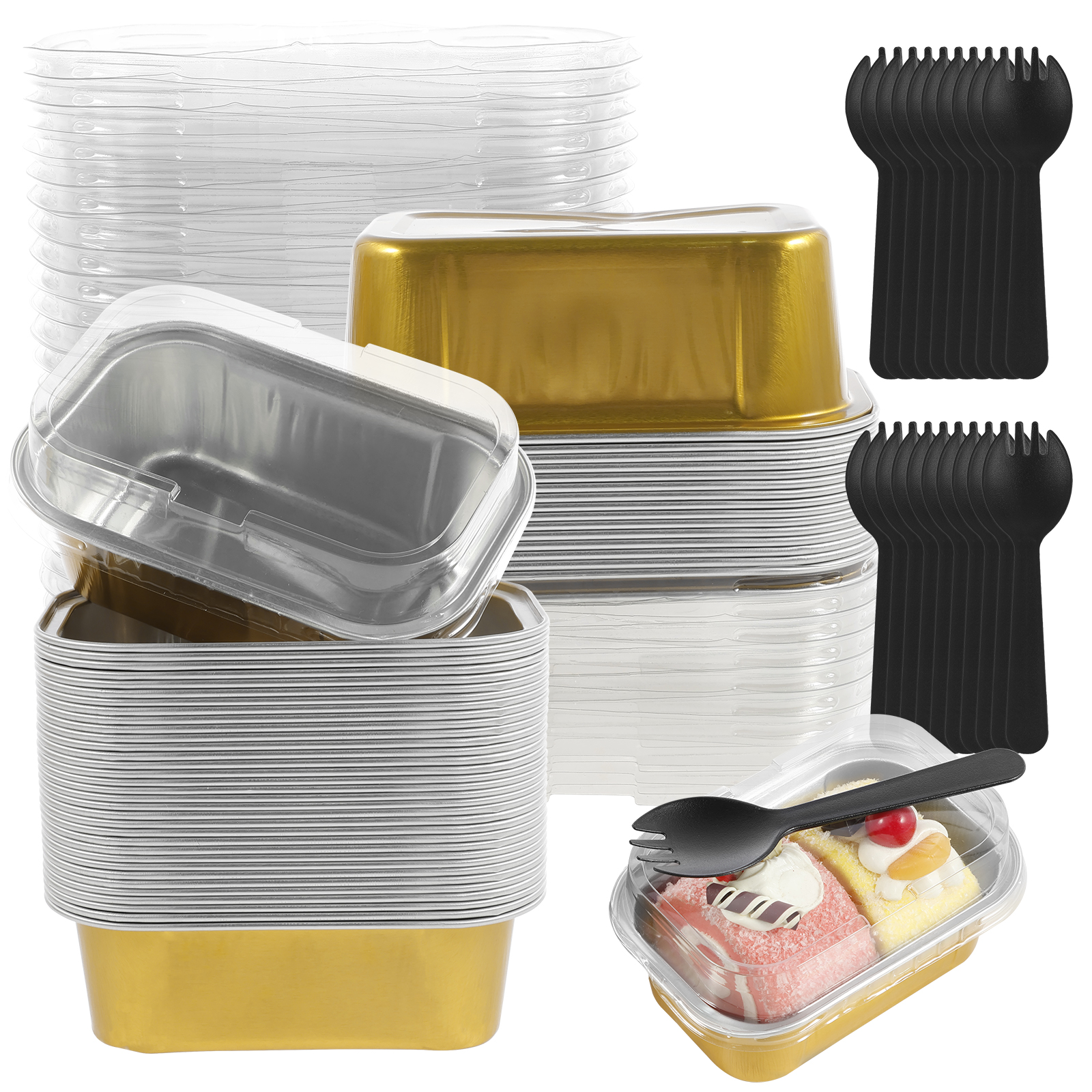 50/100 Stück Mini-Kuchenformen mit Deckel und Löffel, Backformen aus Aluminiumfolie, Mini-Schokoladenbehälter, Muffin-Dosen, Laibpfannen, Küche: Schokolade