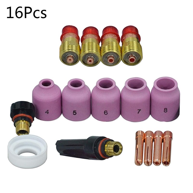 16pcs TIG Welding Torch Stubby Gas Lens Kit Collet Body Nozzle for WP 17/18/26 Welding Machine Accessories