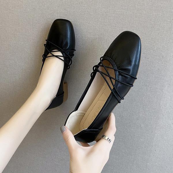 Koreaanse schoenen met vierkante neus, herfst, ondiepe mond, damesschoenen, casual sneaker, all-match, retro, oma, herfstjurk, comfortabel: Zwart / 37
