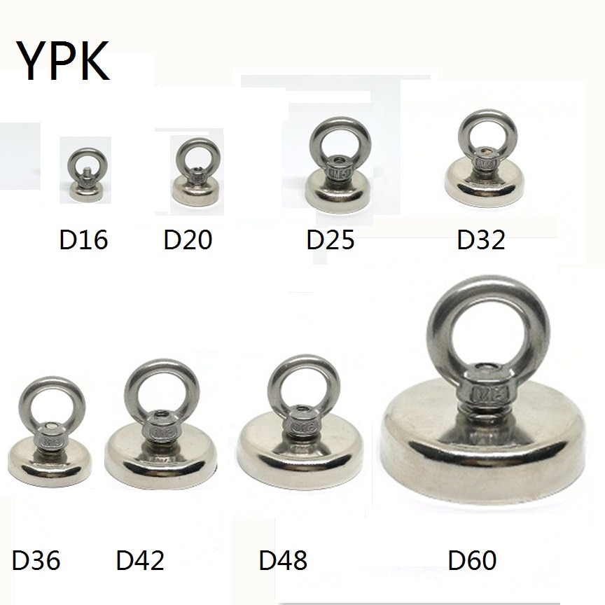 N42 Strong Neodymium Salvage Magnet Fishing Magnets With Stainless Steel Ring Eyebolt Magnetic Hook Holder Dia 16mm-60mm