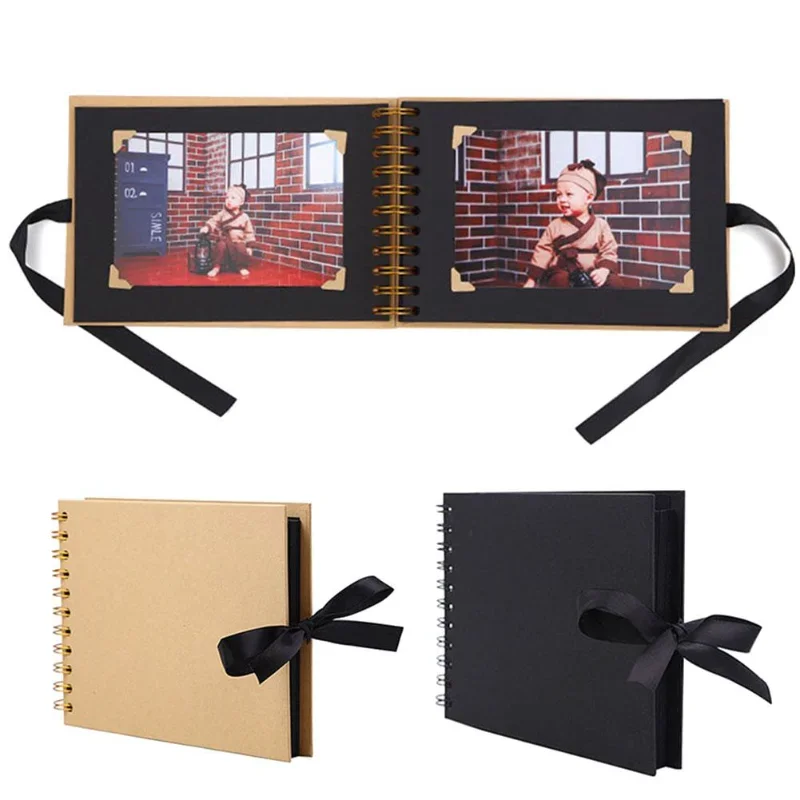 DIY Bowtie Ribbon Scrapbook Craft Photo Picture Memory Book, Kraft Paper, Black Cardboard, 30/80 Pages