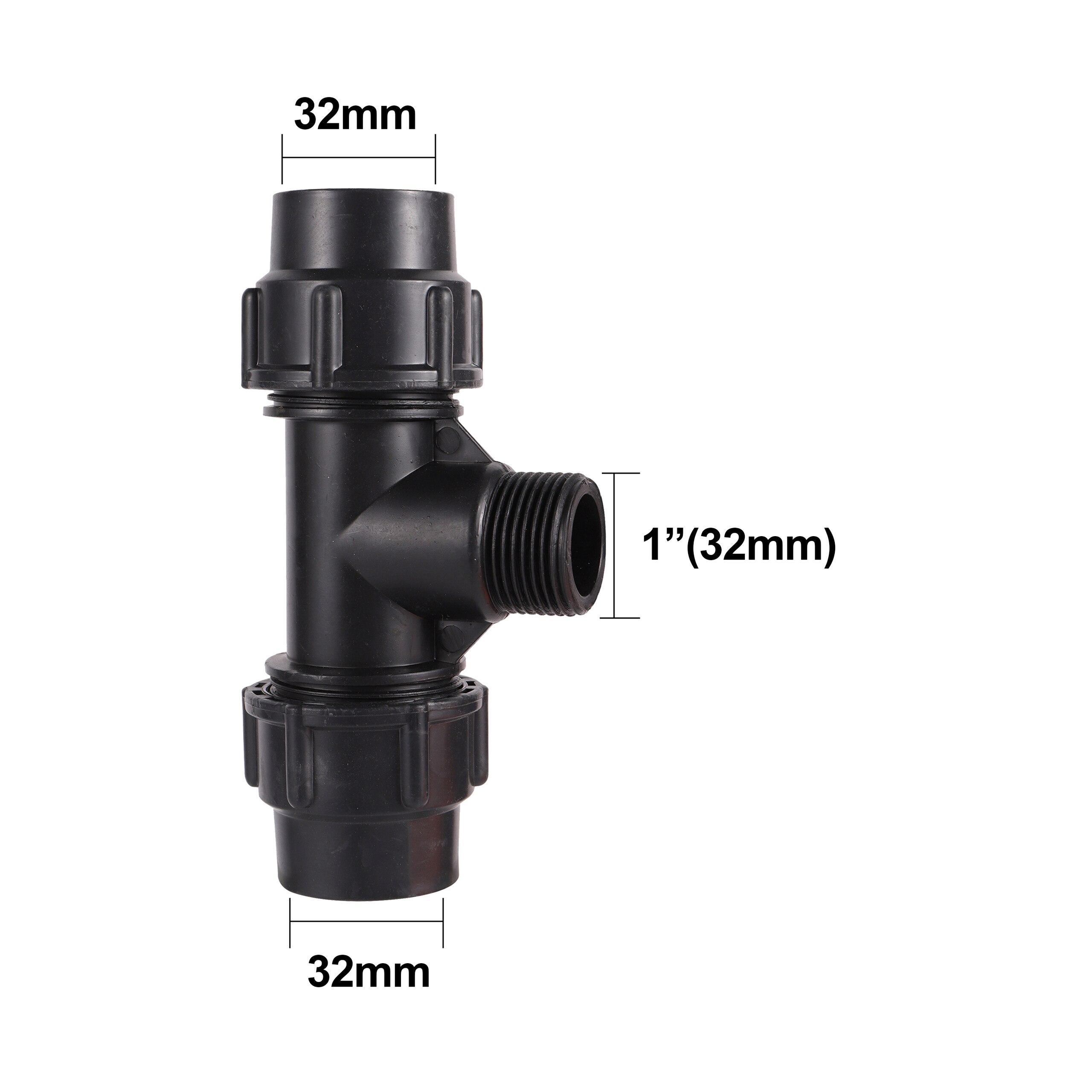 Conector de tubo de riego de PVC y PE, accesorio negro de rosca de 1/2 &quot;3/4&quot; 1 &quot;a 20/25/32mm, Junta bloqueada de conversión de 3 vías: 1 to 32mm