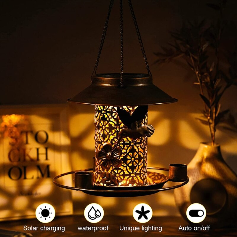 MrCrafts Mangeoire à Oiseaux Extérieur Métal Avec Lumière Solaire - Style Maison, Cadeau Unique
