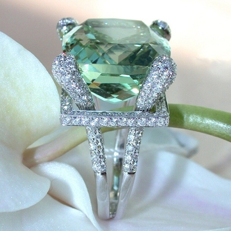 Fdlk luxo grande anel de cristal verde aaa cor prata zircão enchido jóias nupcial casamento noivado anel tamanho 5-12