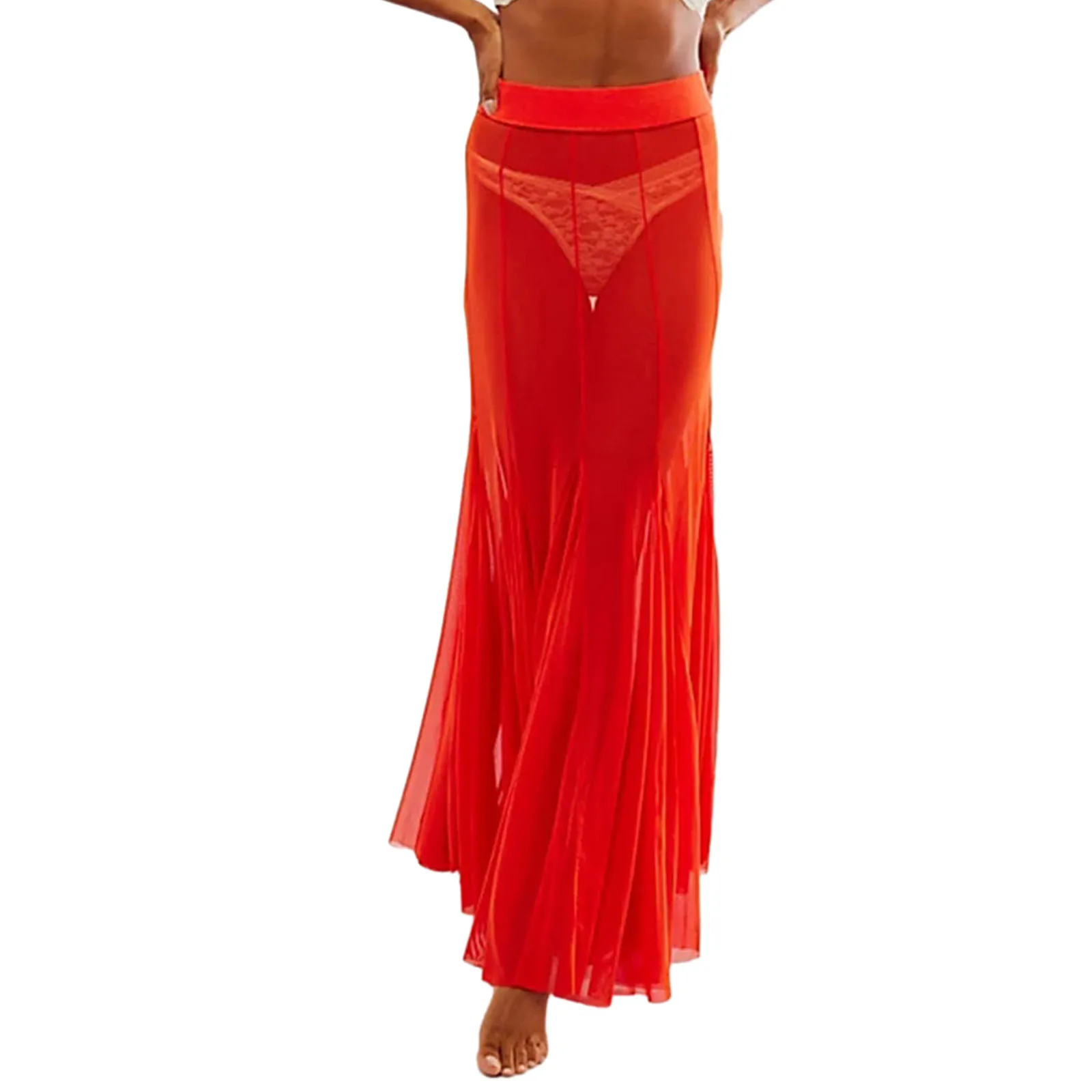 Combhasaki sexiga vintage retro långa kjolar med transparent mesh, elastiska höga midjor, volangkant, genomskinliga, avslappnade a-linjeformade kjolar: S / Orange röd