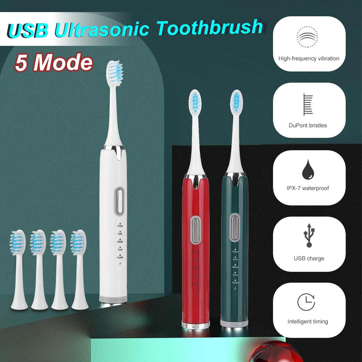 Electric Toothbrush USB Rechargeable Automatic Sonic ToothBrush 5 Models Waterproof Cleaning Bathroom Tool with 4 Brush Heads