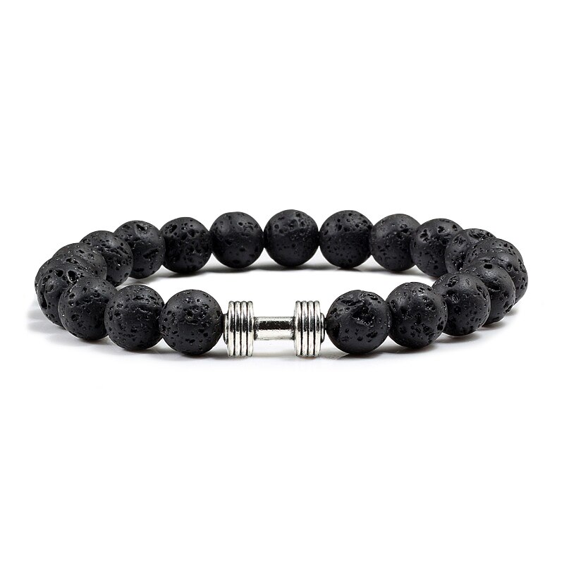 Kausalen Männer Armband Schwarz Natürliche Stein Lava Perlen Legierung Fitness gym Hantel Armbänder Armreifen Charme Frauen Männlichen Outdoor Schmuck: Black Lava Sliver