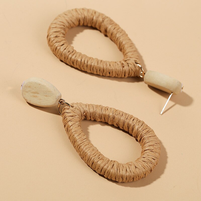 Ladies Boho Handmade Water Shape Vine Rattan Straw Woven Dangle Earrings For Women Bohemian Wooden Earring Jewelry