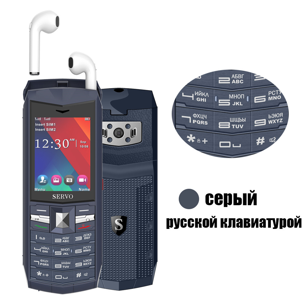 Original SERVO R26 2.4 "praktisch mit TWS 5,0 Bluetooth drahtlose kopfhörer 3000mAh Energie Bank GSM GPRS 2 SIM Karte Handys: hinzufügen 8GB TF Karte / grau Russisch Taste