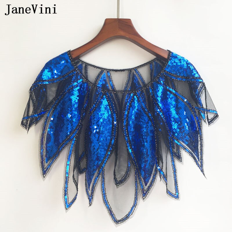 JaneVini – Veste boléro De Mariage bleu Royal, paillettes dorées, en Tulle, châle De fête, Cape De mariée
