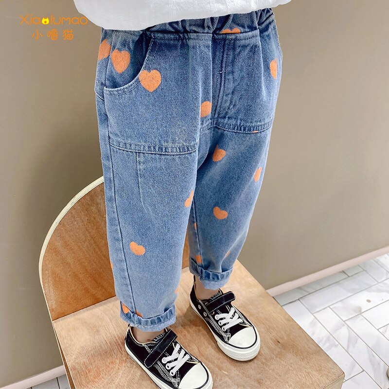 Baby piger jeans hjerte print denim bukser til piger elastisk talje børne jeans med hul efterårs nyhedstøj til  i3-8y