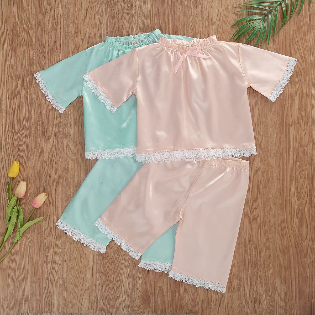 Baby nattøj tøj spædbørn børn 1-6t baby piger is silke blonder 2 stk pyjamas sæt løse toppe skjorte brede bukser