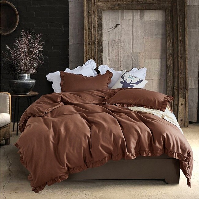 Romantische Roze Beddengoed Set Elegante Ruches Rand Dekbedovertrek Set 2/3 stks Bed Linnen Dekbedovertrek Twin Queen koning Bruiloft Decoratie: coffee / US Twin  2pcs