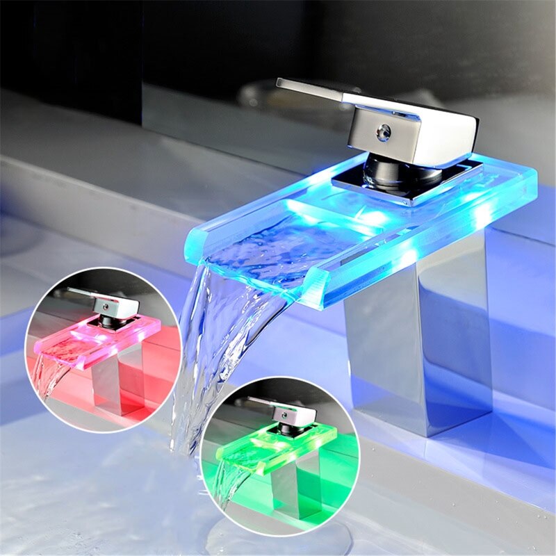 LED Basin Faucet Brass Waterfall Temperature Colors Change Bathroom Mixer Tap Deck Mounted Wash Sink Glass Taps