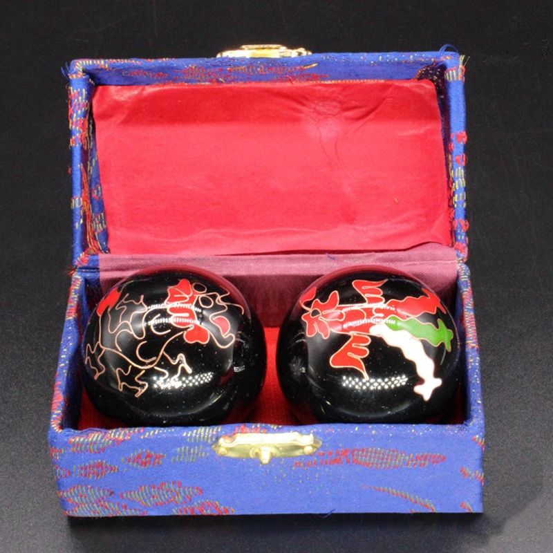 Un par de bolas chinas de salud Baoding, esferas con esmalte, bolas de masaje para terapia de manos 63HE: Black-B