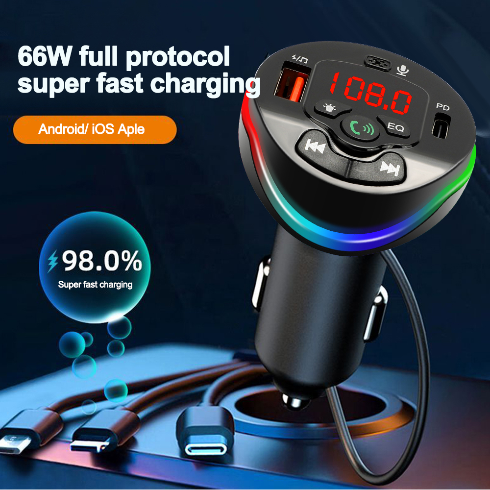 Transmisor FM Bluetooth 5,0 para coche, reproductor modulador MP3, receptor de Audio manos libres con Cable de carga 3 en 1 para IPhone, Huawei y Xiaomi