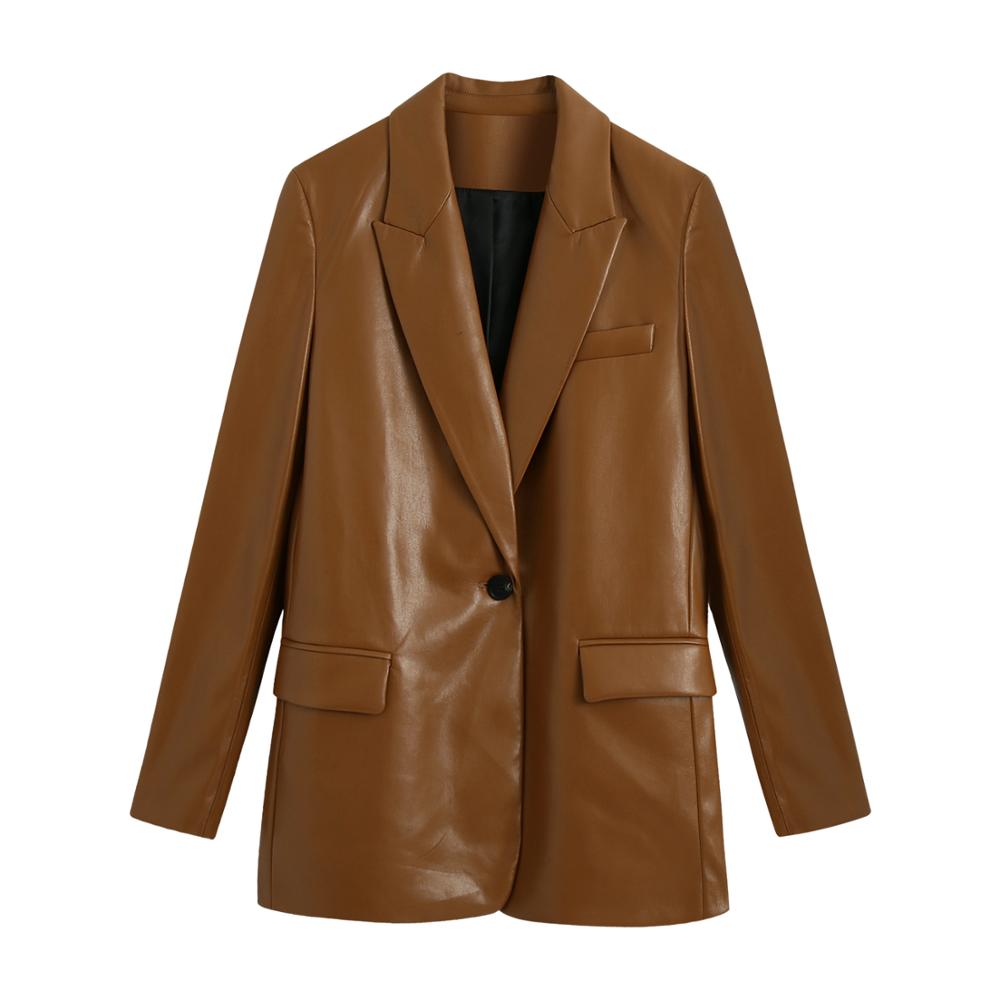 Damjacka za läder casual bruna jackor med enkel knapp pu långärmad varm kappa höst vinter blazer mujer: Jacka / L