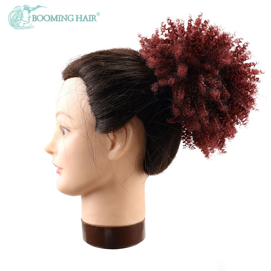 Short Afro Puff Synthetic Hair Bun Chignon Hairpiece For Women Drawstring Ponytail Curly Updo Clip Hair Extensions BOOMING HAIR: T1B/Burgundy