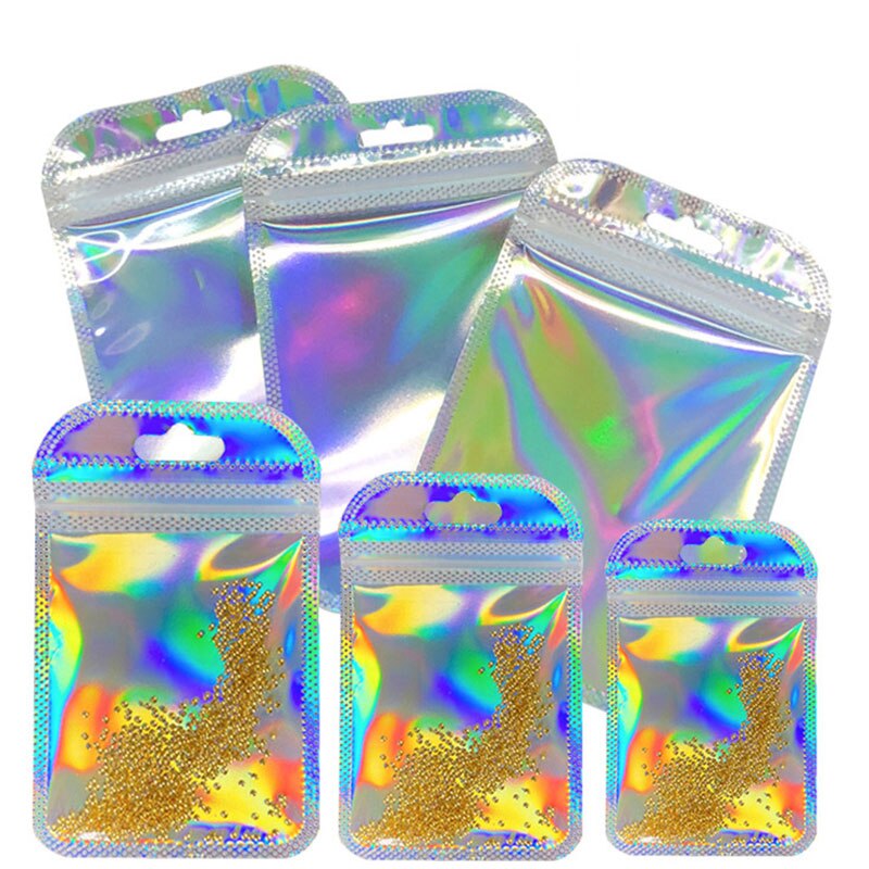 50 stücke Selbst Abdichtung OPP Beutel mit Hängen See Verdicken transparent Gefrostet Kunststoff Verpackung Beutel für DIY Schmuck Anzeige Lagerung: Regenbogen Aluminium / 7x11 innere6x8cm
