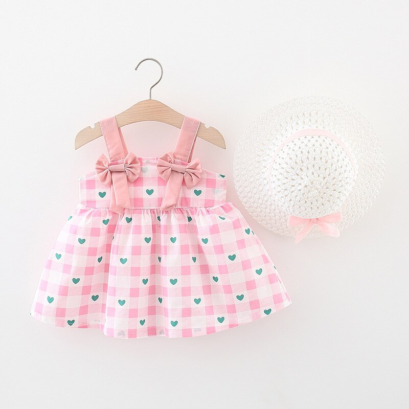 Set di vestiti per neonati estivi in 2 pezzi abiti da bambina per bambini abito da spiaggia in cotone senza maniche scozzese con fiocco carino + cappello da sole BC2176: Colore rosa / 10(12-24M)