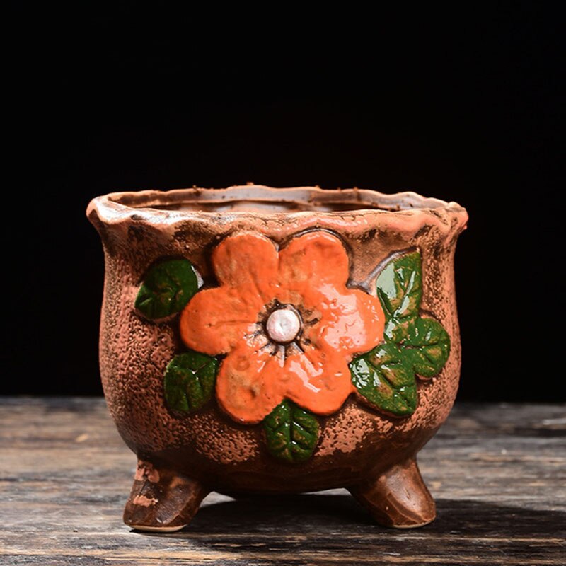 Ceramic Flowerpot Coarse Poterry Floral Pattern Fleshy Plant Pot Breathable Vase Office Desktop Ornaments Garden Decor: 10x9cm