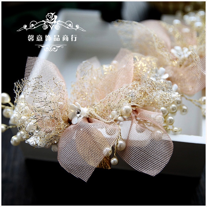 Korean silk yarn flower bride headdress beauty bride wedding hair accessories pink hair ornament