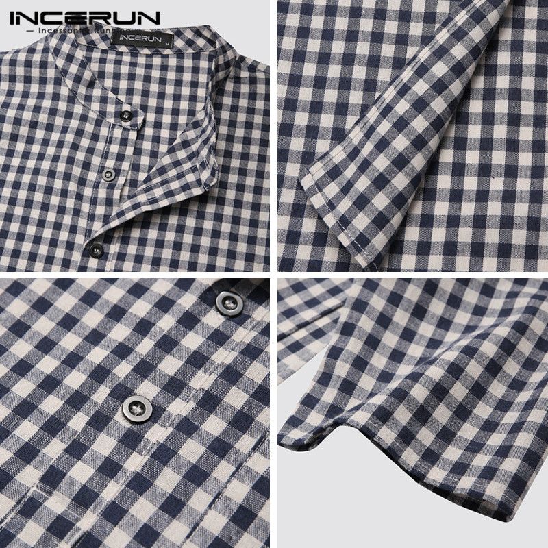 Incerun vintage lange overhemden heren geruite overhemden lange mouwen opstaande kraag camisa man losse knopen zak islamitische arabische tops