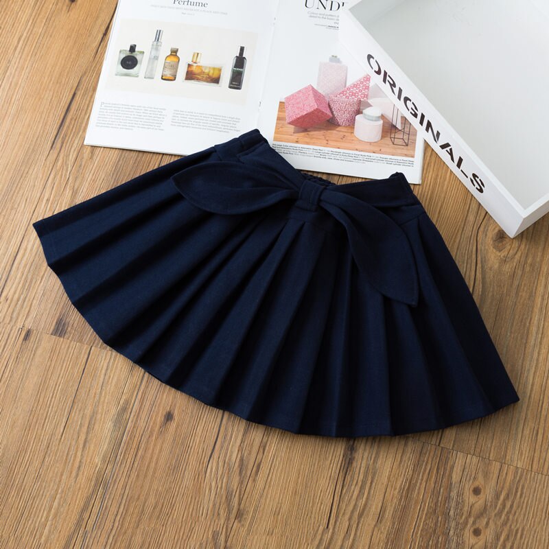 Girls Pleated Skirts School Girls Clothes Children Costume Princess Bow Skirt DT311: navy blue / 2T