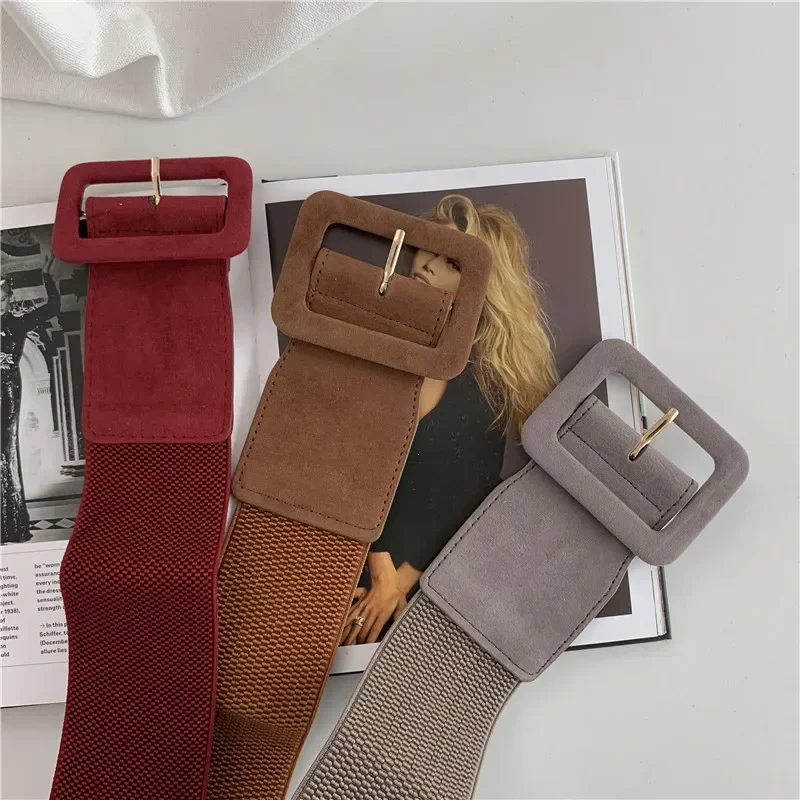 Cinturones de gamuza para mujer, cinturón elástico para ropa de mujer, hebilla de estilo coreano, cinturón ancho elástico que combina con todo, decoración de ropa
