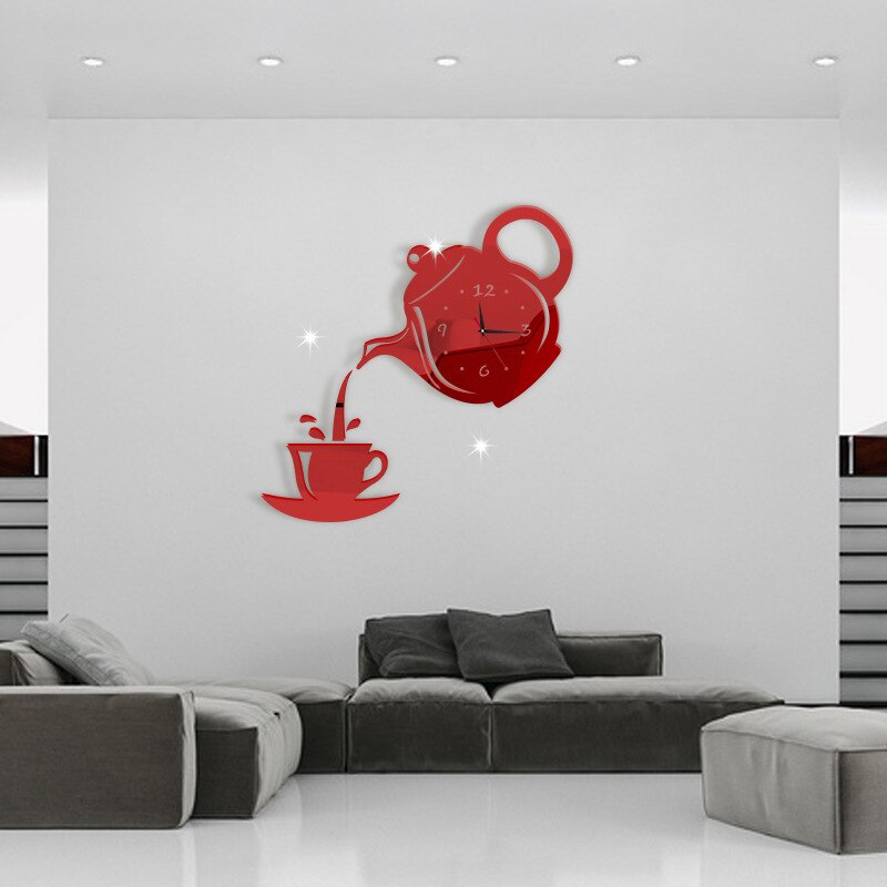 DIY Acrylic Coffee Cup Teapot 3D Wall Clock Decorative Kitchen Wall Clocks Living Room Dining Room Home Decor Clock